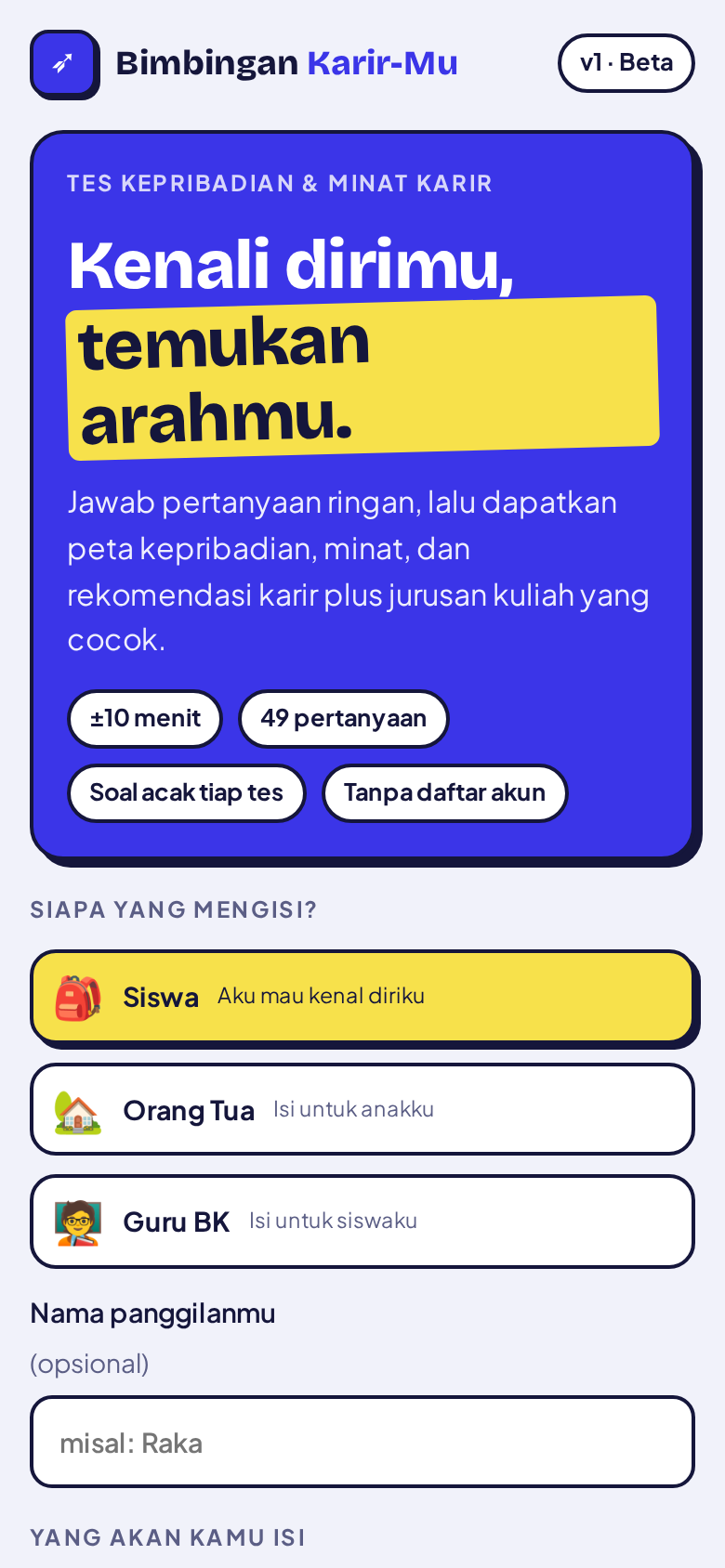 Tampilan beranda aplikasi Bimbingan Karir-Mu